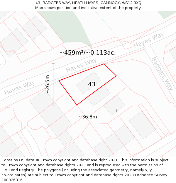 43, BADGERS WAY, HEATH HAYES, CANNOCK, WS12 3XQ: Plot and title map