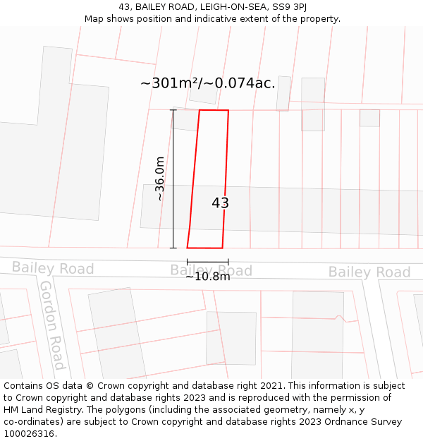 43, BAILEY ROAD, LEIGH-ON-SEA, SS9 3PJ: Plot and title map