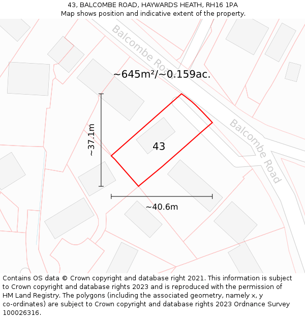 43, BALCOMBE ROAD, HAYWARDS HEATH, RH16 1PA: Plot and title map