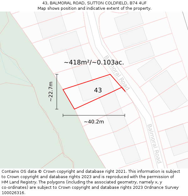 43, BALMORAL ROAD, SUTTON COLDFIELD, B74 4UF: Plot and title map