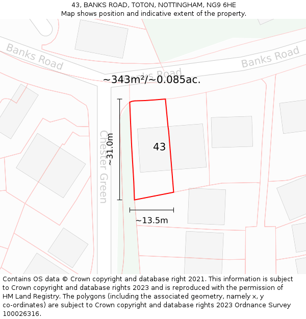 43, BANKS ROAD, TOTON, NOTTINGHAM, NG9 6HE: Plot and title map