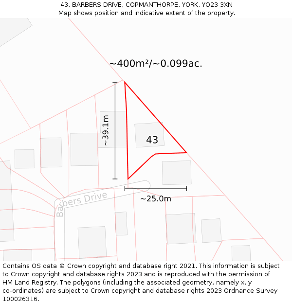 43, BARBERS DRIVE, COPMANTHORPE, YORK, YO23 3XN: Plot and title map