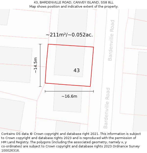 43, BARDENVILLE ROAD, CANVEY ISLAND, SS8 8LL: Plot and title map