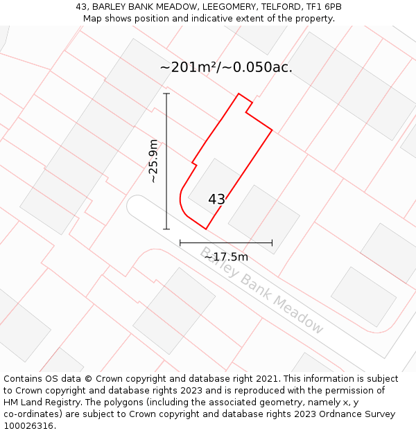 43, BARLEY BANK MEADOW, LEEGOMERY, TELFORD, TF1 6PB: Plot and title map