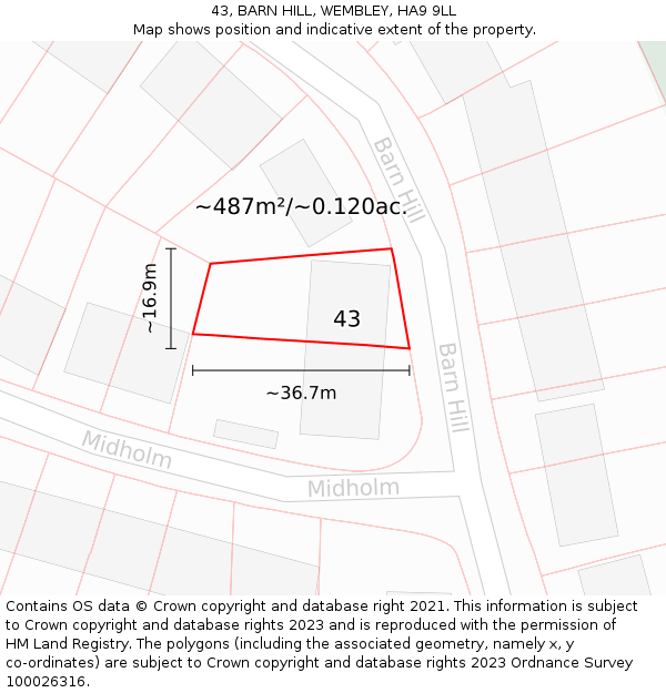 43, BARN HILL, WEMBLEY, HA9 9LL: Plot and title map