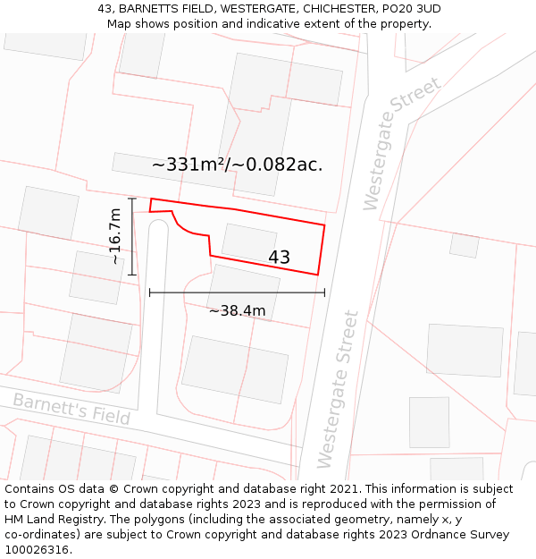 43, BARNETTS FIELD, WESTERGATE, CHICHESTER, PO20 3UD: Plot and title map