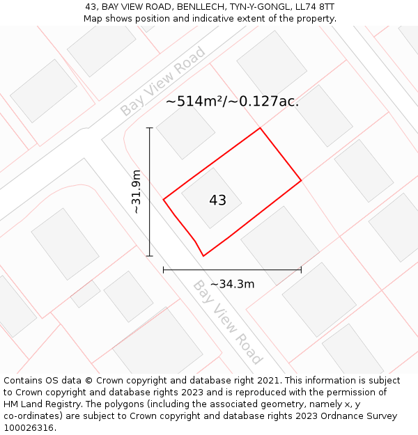 43, BAY VIEW ROAD, BENLLECH, TYN-Y-GONGL, LL74 8TT: Plot and title map