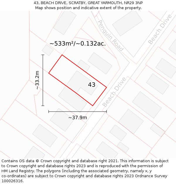 43, BEACH DRIVE, SCRATBY, GREAT YARMOUTH, NR29 3NP: Plot and title map