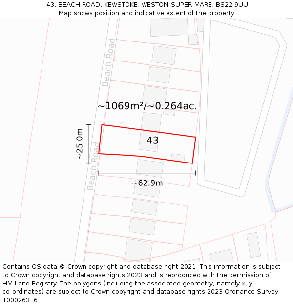 43, BEACH ROAD, KEWSTOKE, WESTON-SUPER-MARE, BS22 9UU: Plot and title map