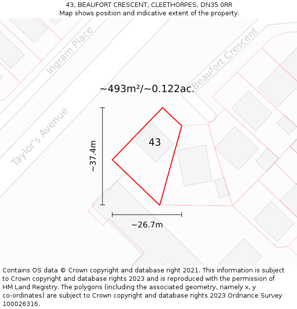 43, BEAUFORT CRESCENT, CLEETHORPES, DN35 0RR: Plot and title map