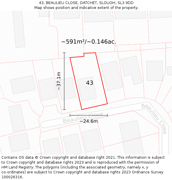 43, BEAULIEU CLOSE, DATCHET, SLOUGH, SL3 9DD: Plot and title map