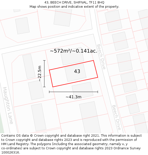 43, BEECH DRIVE, SHIFNAL, TF11 8HQ: Plot and title map