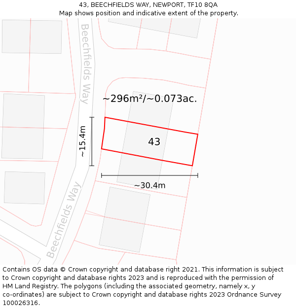 43, BEECHFIELDS WAY, NEWPORT, TF10 8QA: Plot and title map