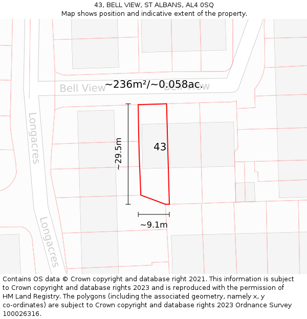 43, BELL VIEW, ST ALBANS, AL4 0SQ: Plot and title map