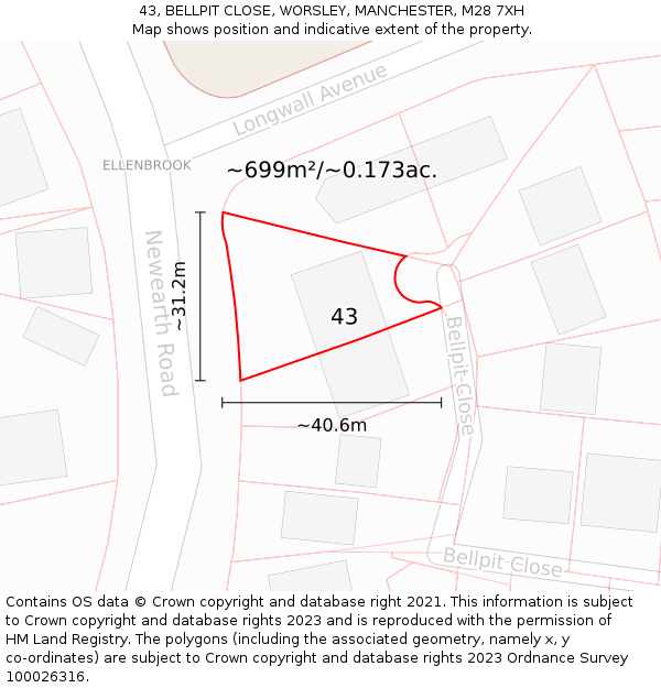 43, BELLPIT CLOSE, WORSLEY, MANCHESTER, M28 7XH: Plot and title map