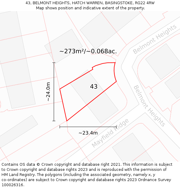 43, BELMONT HEIGHTS, HATCH WARREN, BASINGSTOKE, RG22 4RW: Plot and title map