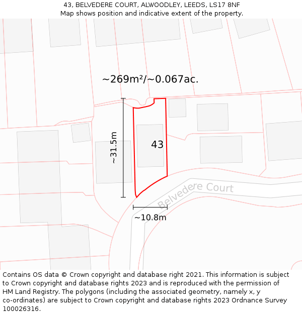 43, BELVEDERE COURT, ALWOODLEY, LEEDS, LS17 8NF: Plot and title map