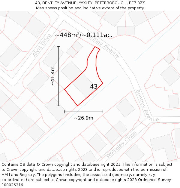 43, BENTLEY AVENUE, YAXLEY, PETERBOROUGH, PE7 3ZS: Plot and title map