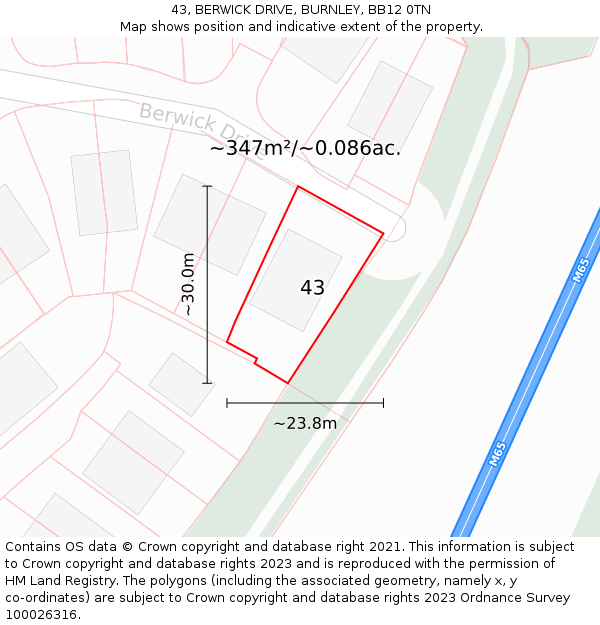 43, BERWICK DRIVE, BURNLEY, BB12 0TN: Plot and title map