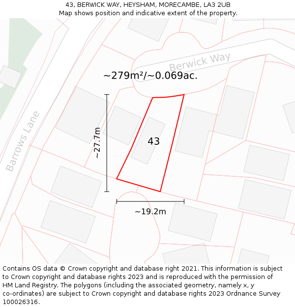 43, BERWICK WAY, HEYSHAM, MORECAMBE, LA3 2UB: Plot and title map