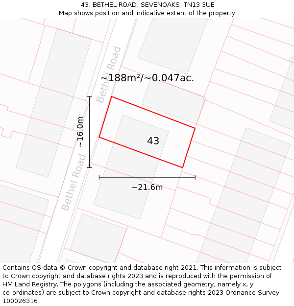 43, BETHEL ROAD, SEVENOAKS, TN13 3UE: Plot and title map
