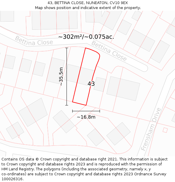 43, BETTINA CLOSE, NUNEATON, CV10 9EX: Plot and title map