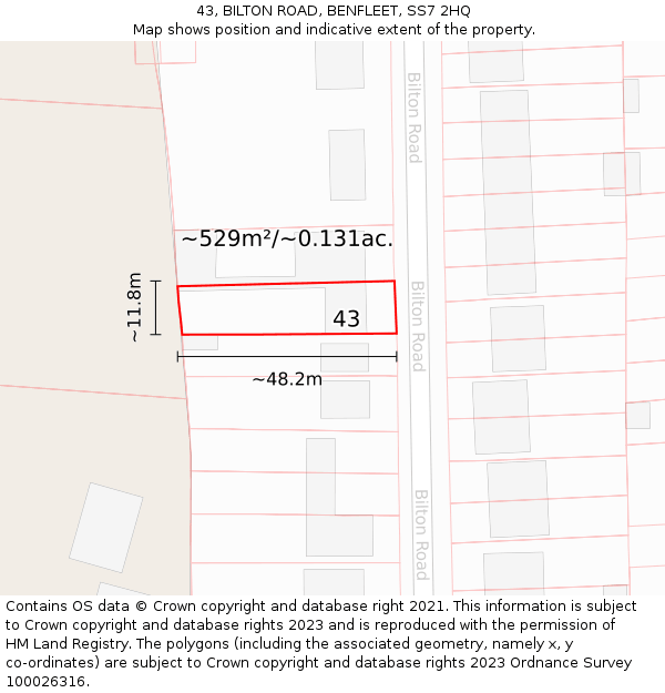 43, BILTON ROAD, BENFLEET, SS7 2HQ: Plot and title map