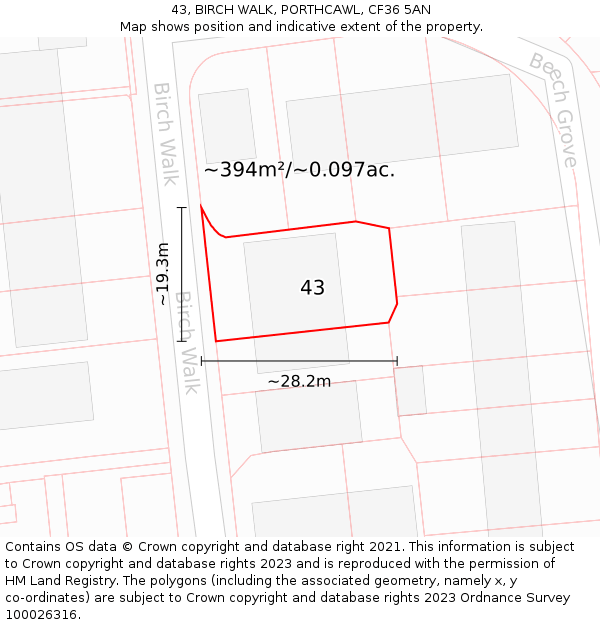 43, BIRCH WALK, PORTHCAWL, CF36 5AN: Plot and title map