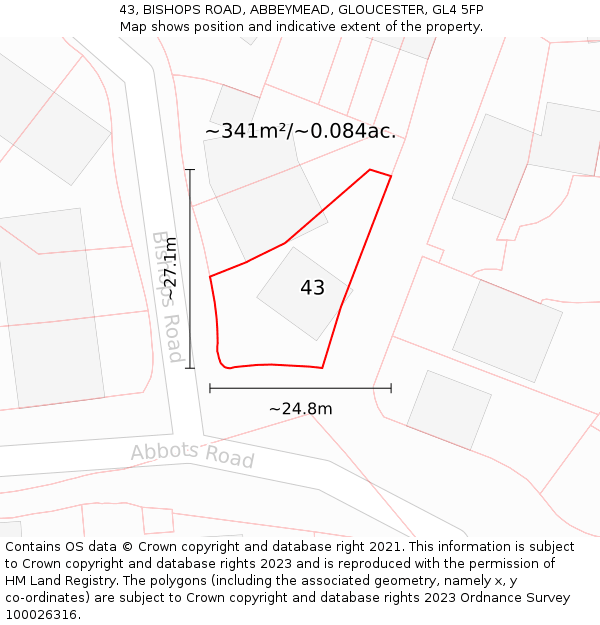 43, BISHOPS ROAD, ABBEYMEAD, GLOUCESTER, GL4 5FP: Plot and title map
