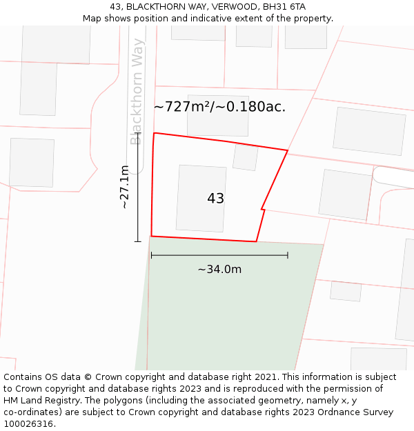 43, BLACKTHORN WAY, VERWOOD, BH31 6TA: Plot and title map