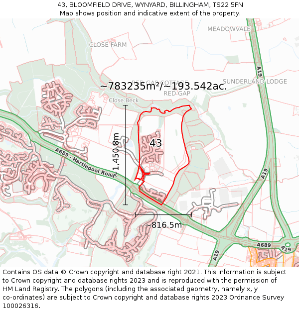 43, BLOOMFIELD DRIVE, WYNYARD, BILLINGHAM, TS22 5FN: Plot and title map