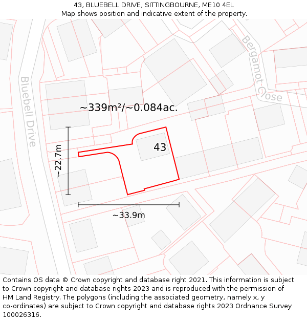 43, BLUEBELL DRIVE, SITTINGBOURNE, ME10 4EL: Plot and title map