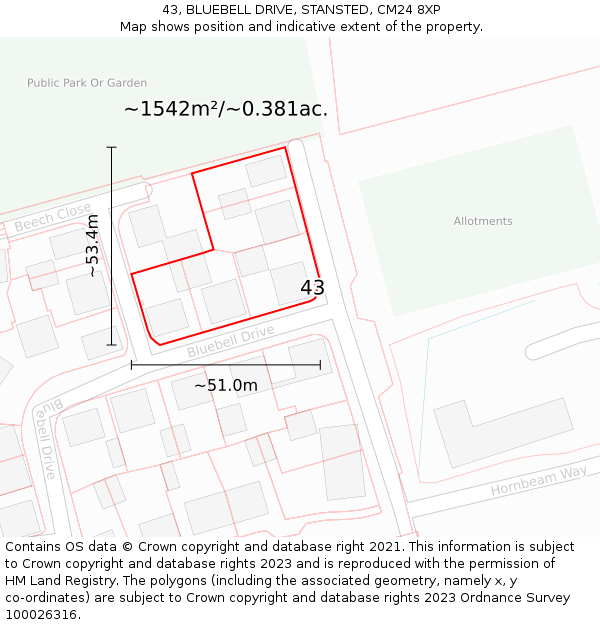 43, BLUEBELL DRIVE, STANSTED, CM24 8XP: Plot and title map