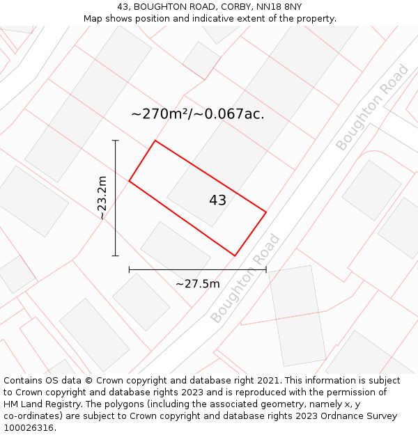 43, BOUGHTON ROAD, CORBY, NN18 8NY: Plot and title map