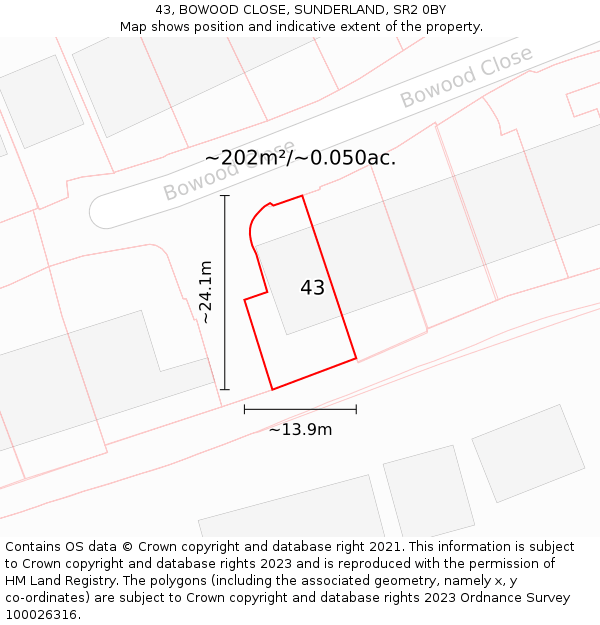 43, BOWOOD CLOSE, SUNDERLAND, SR2 0BY: Plot and title map