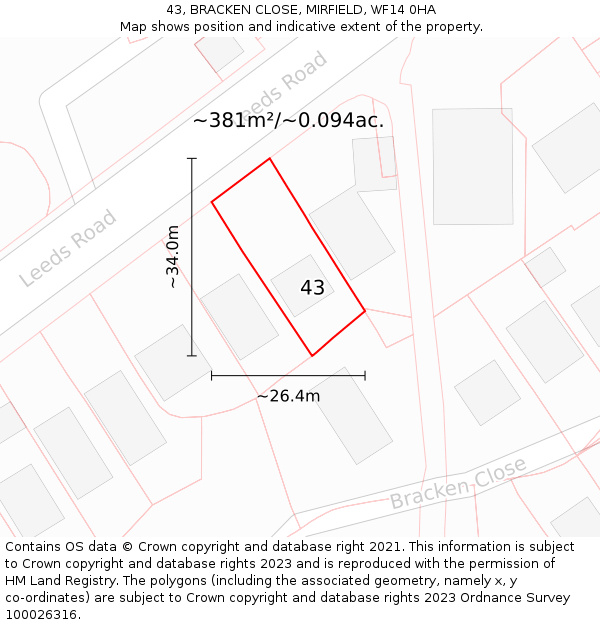 43, BRACKEN CLOSE, MIRFIELD, WF14 0HA: Plot and title map