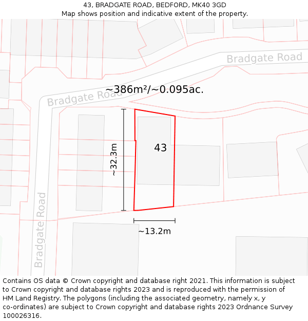43, BRADGATE ROAD, BEDFORD, MK40 3GD: Plot and title map