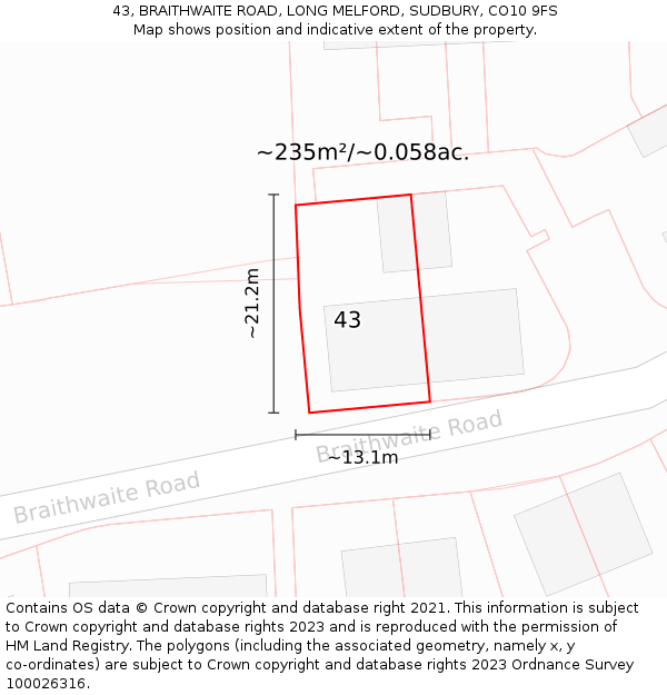 43, BRAITHWAITE ROAD, LONG MELFORD, SUDBURY, CO10 9FS: Plot and title map