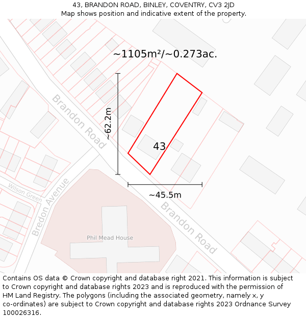 43, BRANDON ROAD, BINLEY, COVENTRY, CV3 2JD: Plot and title map