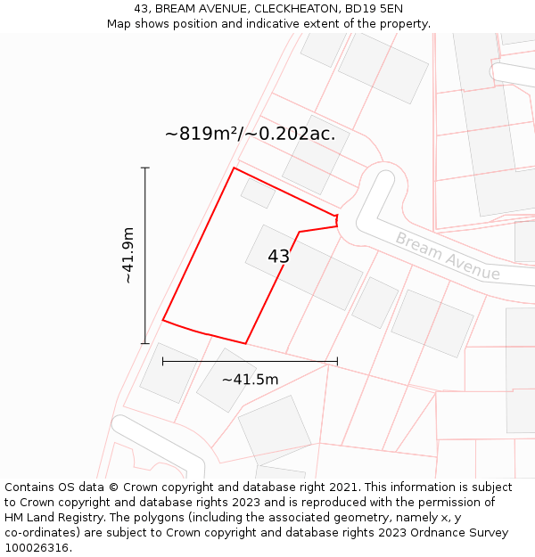 43, BREAM AVENUE, CLECKHEATON, BD19 5EN: Plot and title map