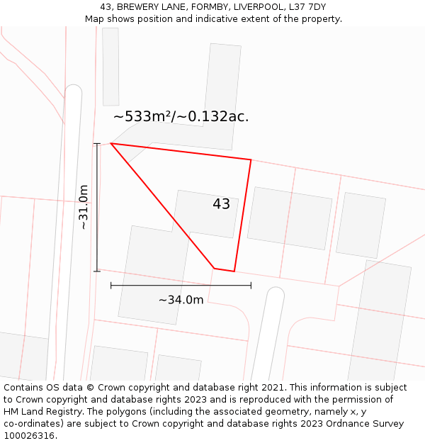 43, BREWERY LANE, FORMBY, LIVERPOOL, L37 7DY: Plot and title map