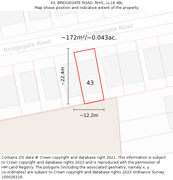 43, BRIDGEGATE ROAD, RHYL, LL18 4BL: Plot and title map