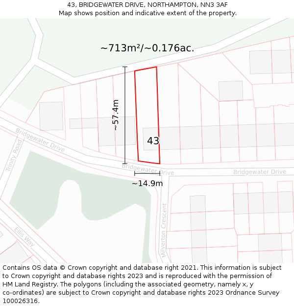 43, BRIDGEWATER DRIVE, NORTHAMPTON, NN3 3AF: Plot and title map