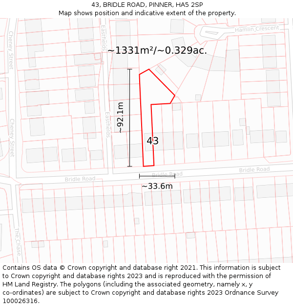 43, BRIDLE ROAD, PINNER, HA5 2SP: Plot and title map