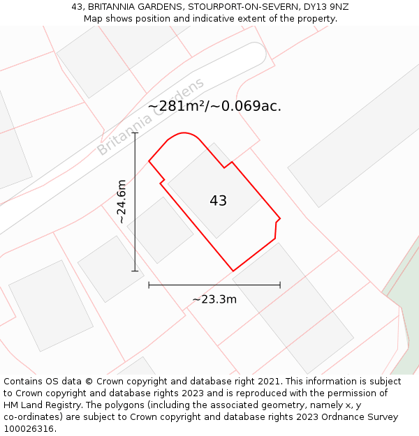 43, BRITANNIA GARDENS, STOURPORT-ON-SEVERN, DY13 9NZ: Plot and title map