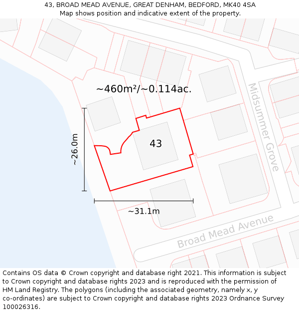 43, BROAD MEAD AVENUE, GREAT DENHAM, BEDFORD, MK40 4SA: Plot and title map