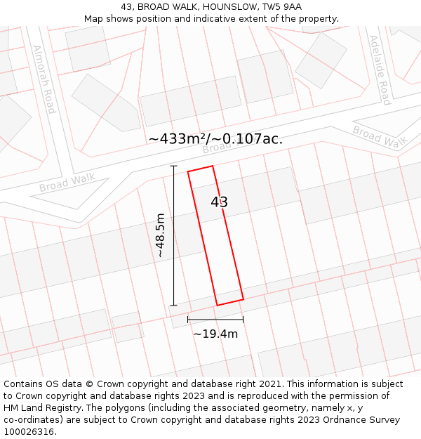 43, BROAD WALK, HOUNSLOW, TW5 9AA: Plot and title map