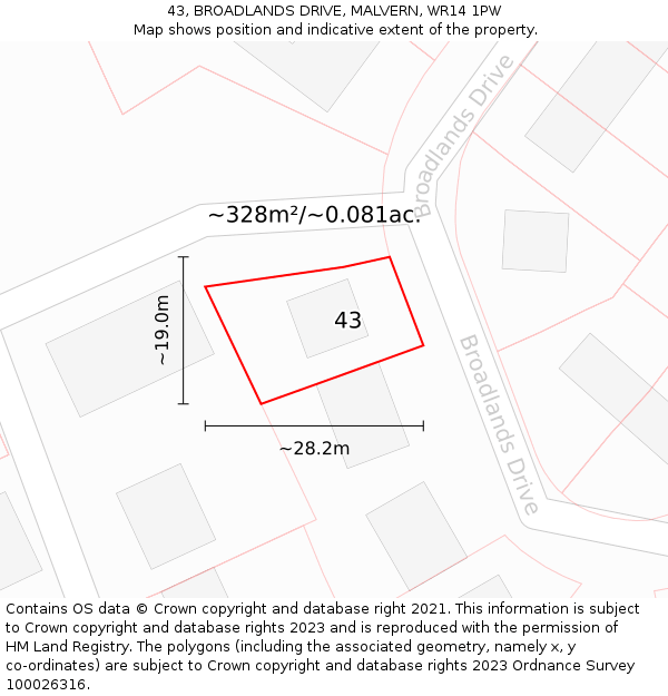 43, BROADLANDS DRIVE, MALVERN, WR14 1PW: Plot and title map