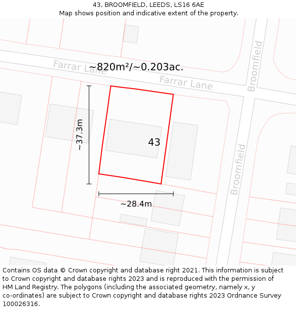 43, BROOMFIELD, LEEDS, LS16 6AE: Plot and title map