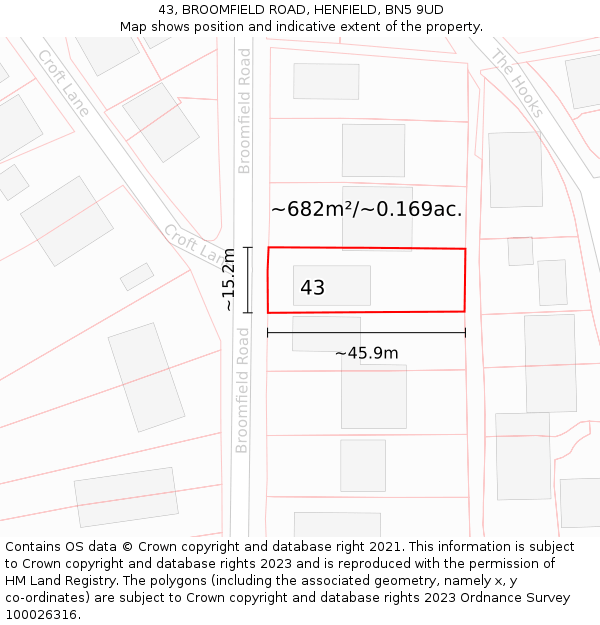 43, BROOMFIELD ROAD, HENFIELD, BN5 9UD: Plot and title map